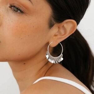 Silver Hoop Tassel Disk Earrings